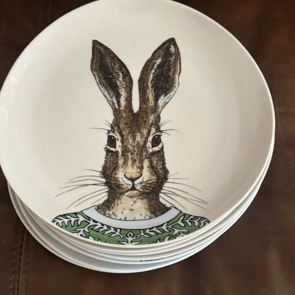 NEW West Elm Rachel Kozlowski Dapper Rabbit Salad Plates Set of 8